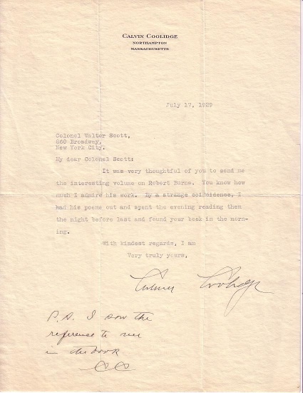 Appraisal: COOLIDGE CALVIN Typed Letter Signed to Colonel Walter Scott thanking