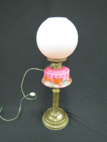 Appraisal: Antique Banquet Lamp cranberry to white handpainted brass pedestal tall