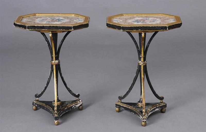 Appraisal: PAIR OF REGENCY EBONIZED AND PARCEL-GILT TRIPOD TABLES Each oblong