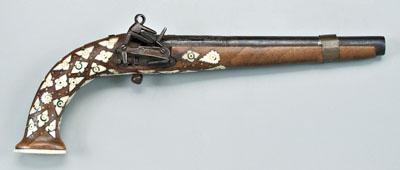 Appraisal: Turkish flintlock pistol muzzle loading bone and copper inlaid walnut