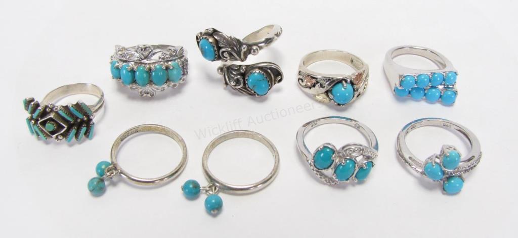 Appraisal: Nine sterling silver turquoise rings including three STS Jewels rings