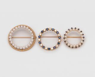 Appraisal: Three Circle Brooches THREE CIRCLE BROOCHESyellow gold featuring diamonds pearls