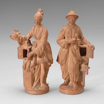 Appraisal: Pair Asian terracotta figures both holding birds and birdcages probably