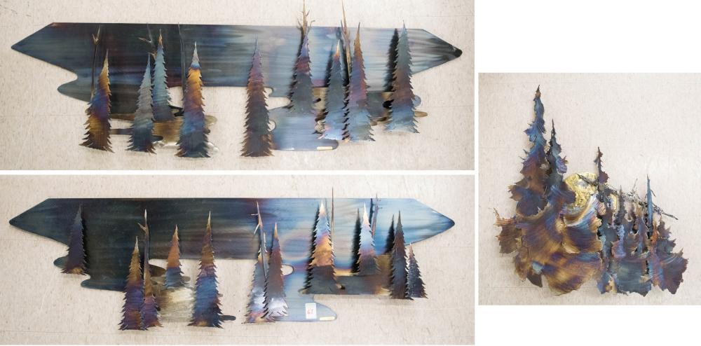 Appraisal: THREE LARRY MOSTELLA BURNISHED METAL WALL SCULPTURES all evergreen forest