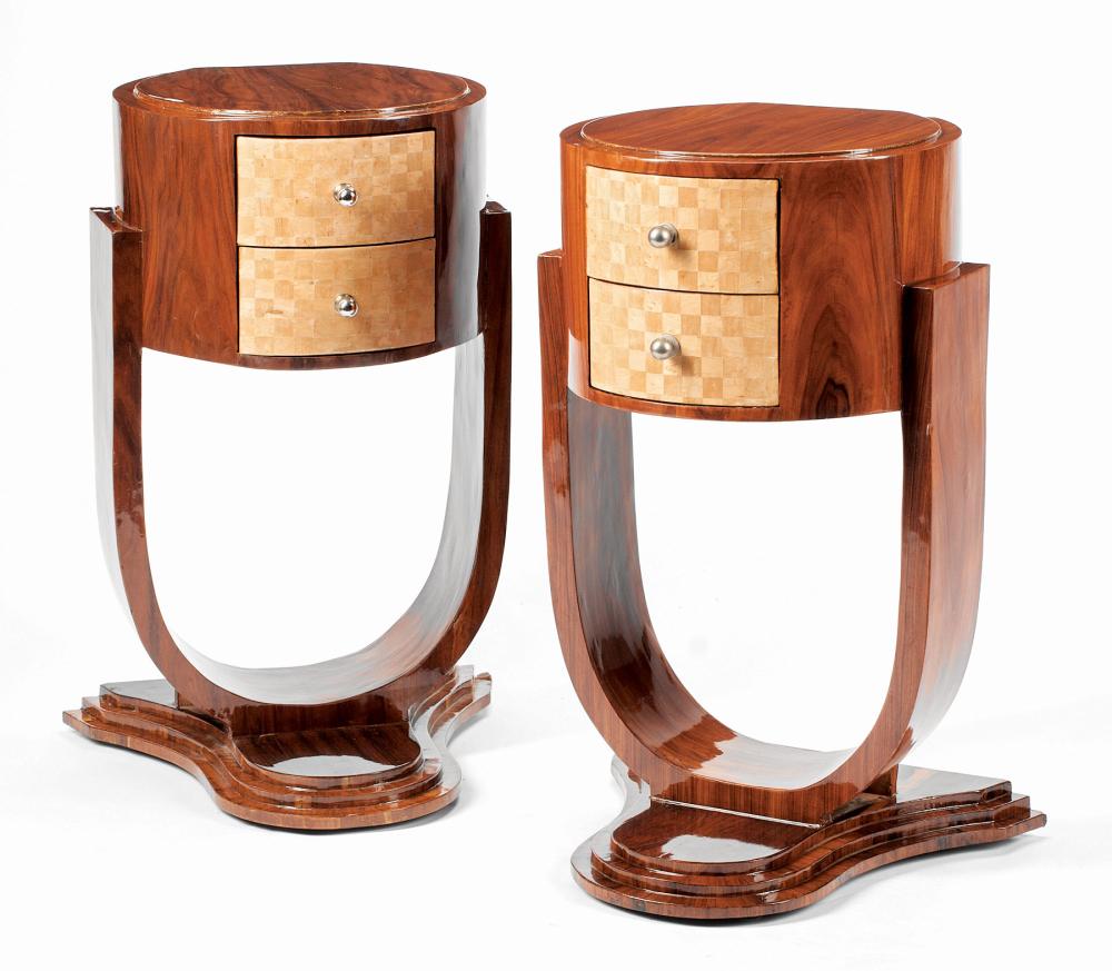 Appraisal: Pair of Art Moderne-Style Inlaid Mahogany Night Stands dished tops