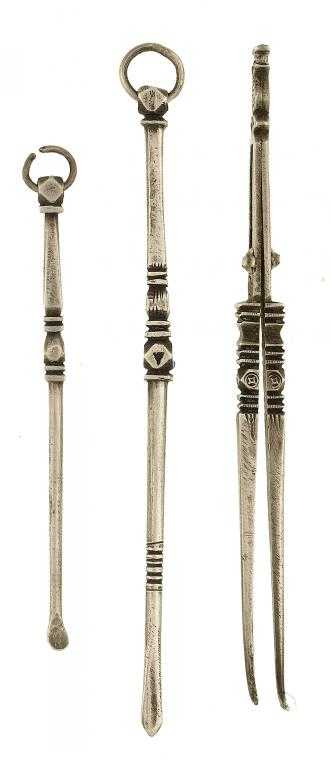 Appraisal: THREE SILVER MANICURE IMPLEMENTS comprising adjustable tweezers spatula and ear