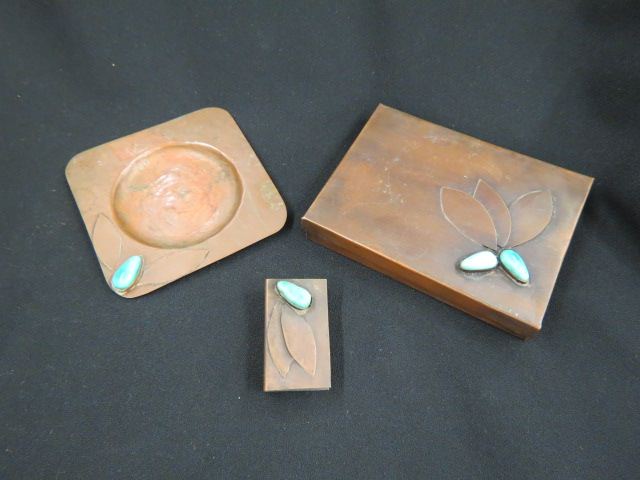 Appraisal: pc Copper Arts Crafts Smoking Set jeweled box ashtray matchbox