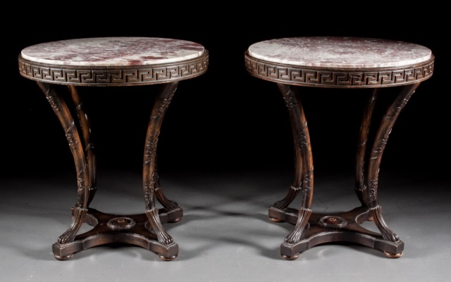 Appraisal: Pair of Regency style marble top side tables th century