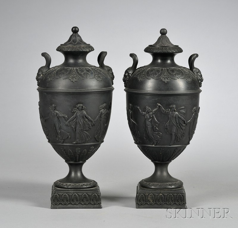 Appraisal: Pair of Wedgwood Black Basalt Dancing Hours Vases and Covers