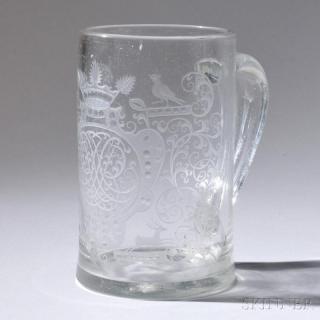 Appraisal: Etched Glass Mug Europe th century straight-sided with applied handle