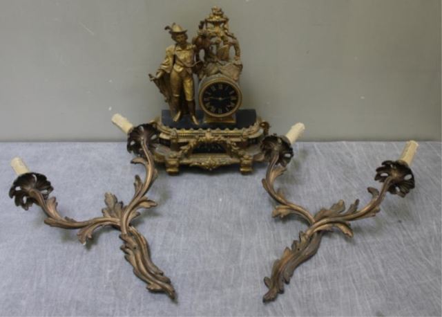 Appraisal: Gilt Metal and Marble Figural Clock and a Pair ofGilt