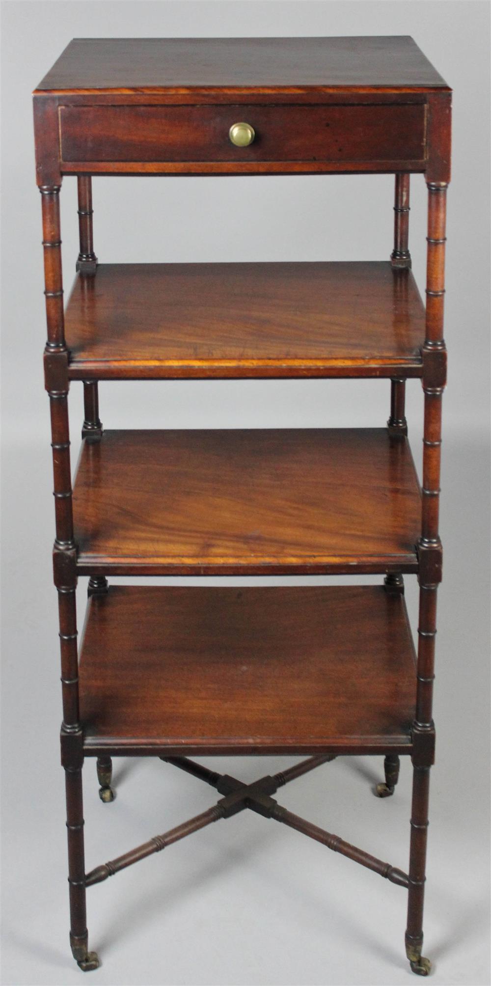 Appraisal: GEORGIAN TURNED MAHOGANY ETAGERE having a rectangular top with molded