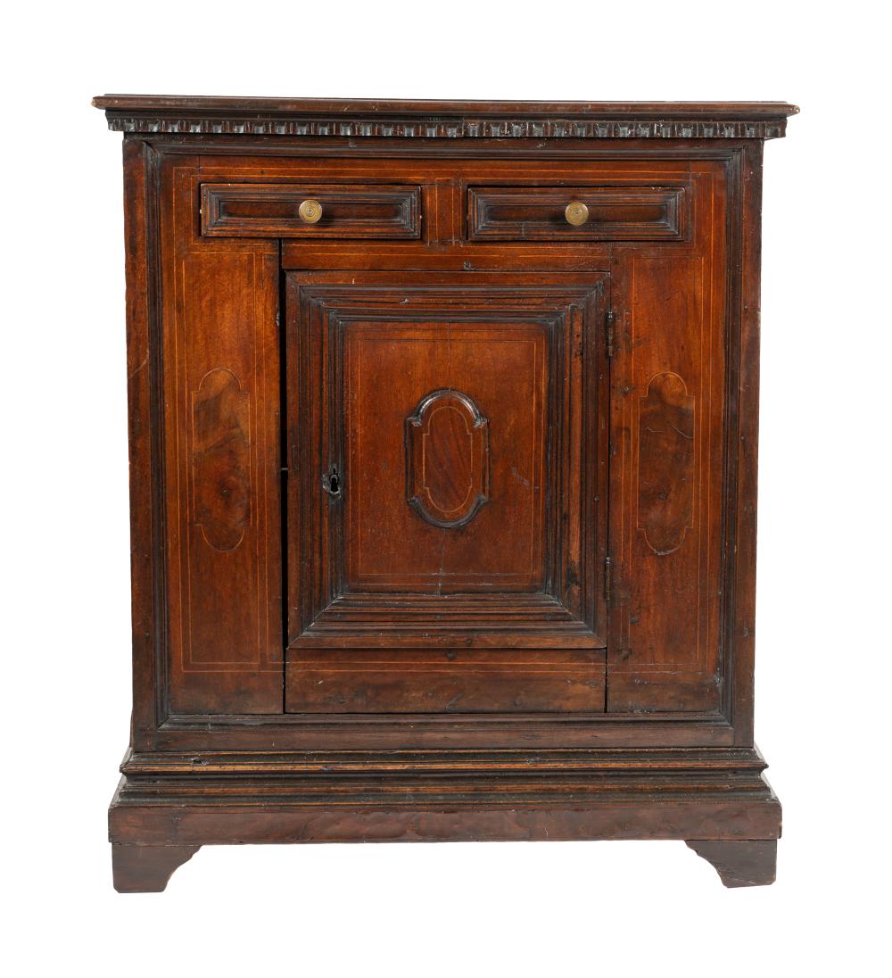 Appraisal: ITALIAN LINE-INLAID WALNUT CABINETthe rectangular top over a carved frieze