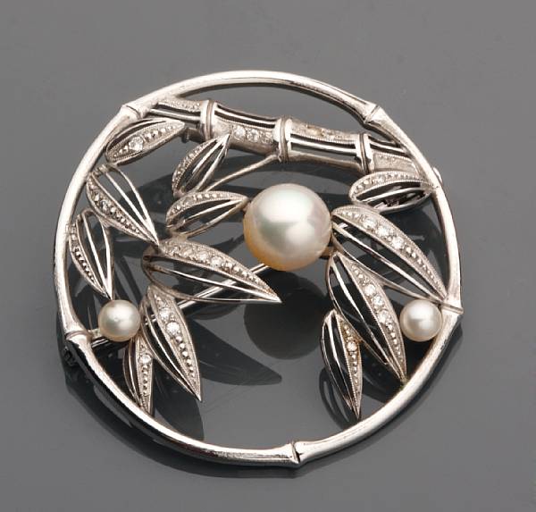 Appraisal: A cultured pearl diamond and k white gold brooch signed