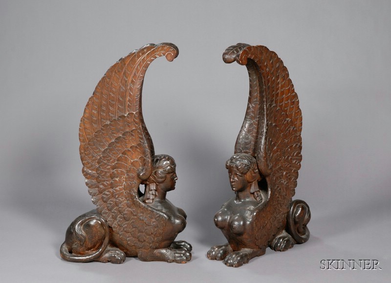 Appraisal: Pair of Large French Empire-style Carved Mahogany Sphinxes each with