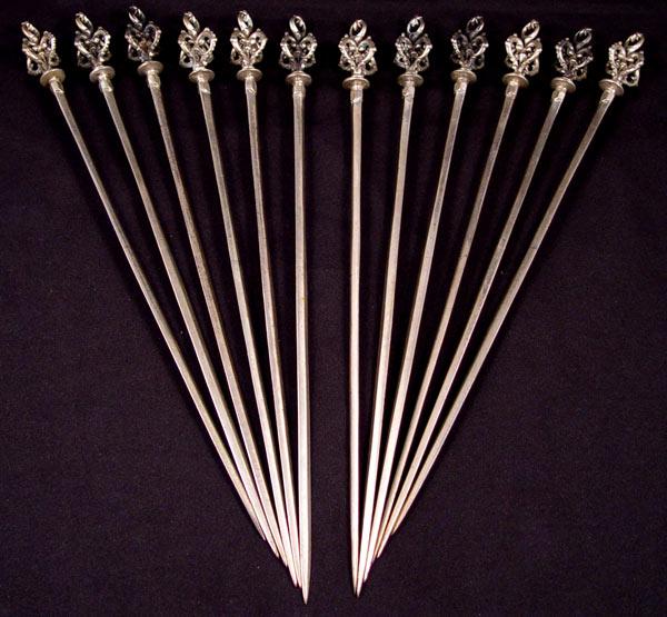 Appraisal: SET OF SILVER TURKISH SHISH KABOB SKEWERS Unique crown from