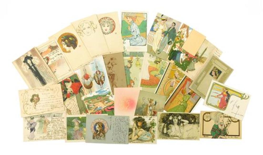 Appraisal: EPHEMERA Twenty-eight postcards including seven signed and unsigned Art Nouveau