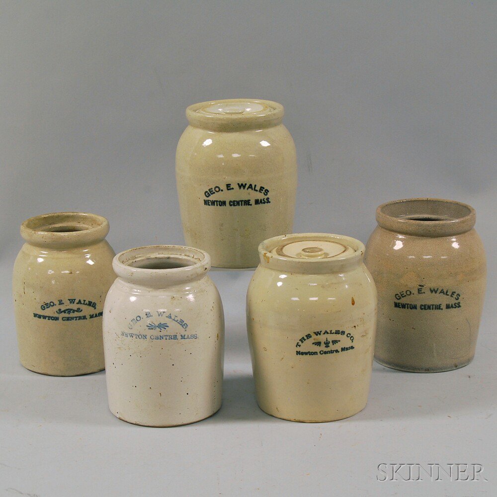 Appraisal: Five George E Wales Stoneware Crocks Newton Center Massachusetts two