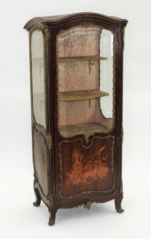 Appraisal: FRENCH BRONZE MOUNTED MARQUETRY VITRINE CABINET France Circa Shapely cabinet