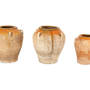 Appraisal: Three Partially Glazed Terra Cotta Olive Jars th Century Largest