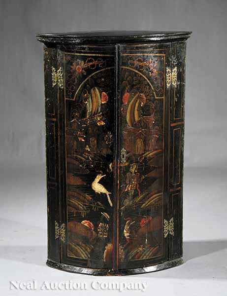 Appraisal: An Antique Japanned Bowfront Corner Cabinet butterfly hinges black ground