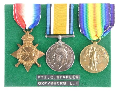 Appraisal: A Great War medal trio awarded to Pte Charles Staples