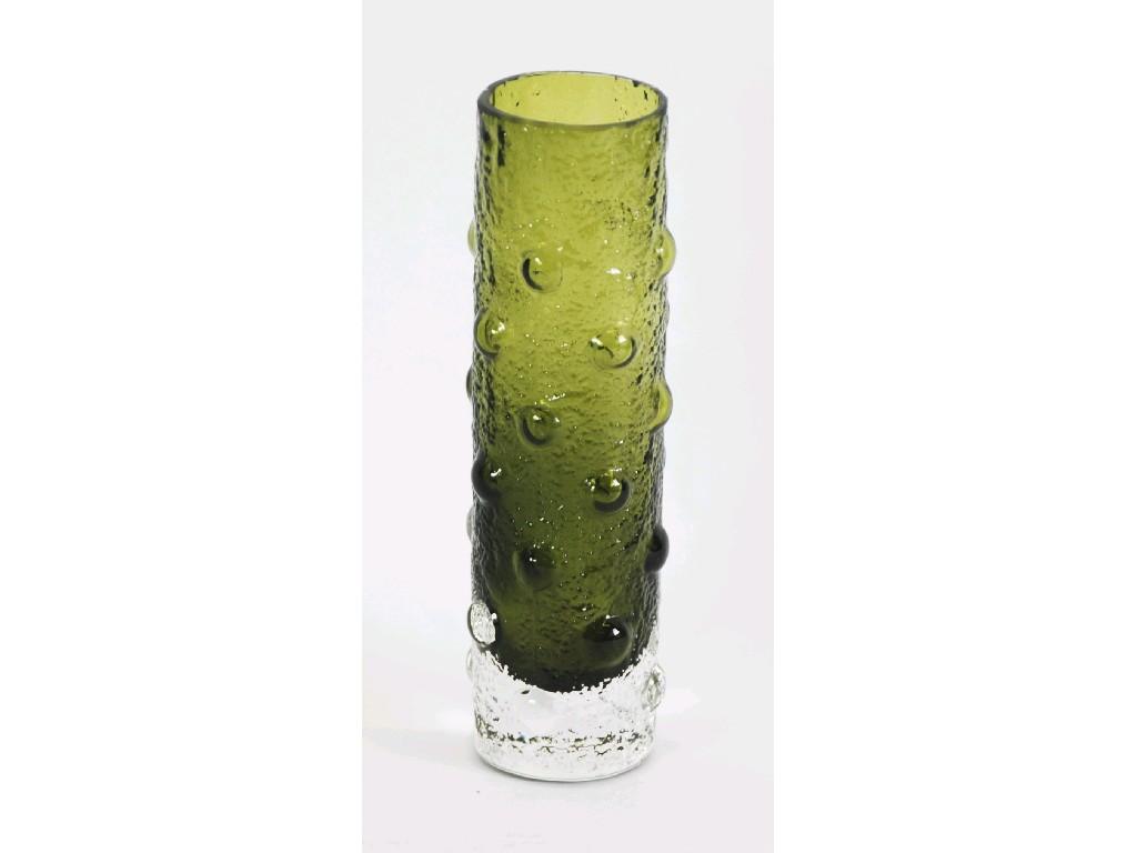 Appraisal: WHITEFRIARS STYLE MOULDED GREEN GLASS CYLINDRICAL VASE cm high rim