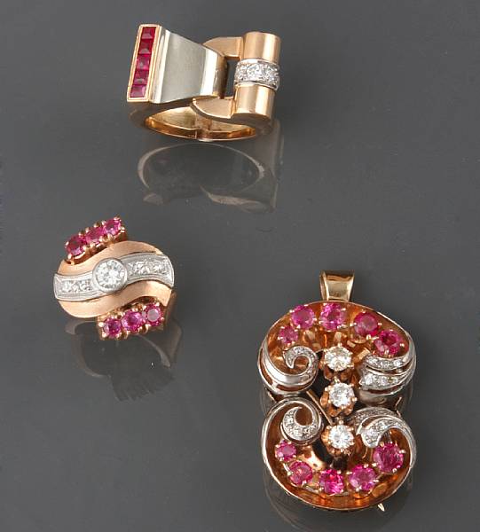 Appraisal: A collection of retro diamond ruby gold and platinum jewelry