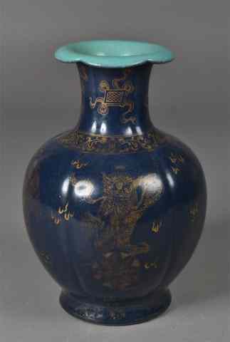 Appraisal: Large Chinese Blue Gold Porcelain VaseLarge bulbous dark-blue glazed footed