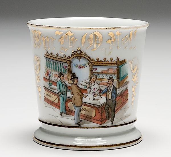 Appraisal: NICE BARTENDER'S OCCUPATIONAL SHAVING MUG porcelain mug with bar scene