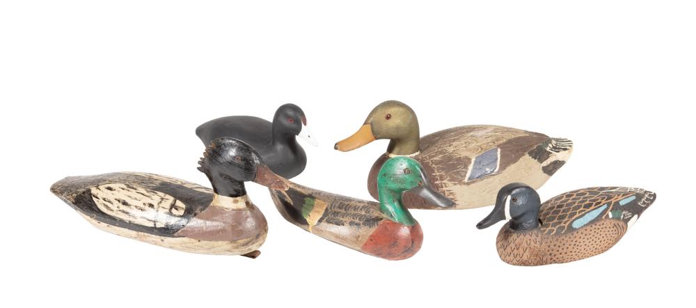 Appraisal: Five Carved Duck Decoys th c Southern one marked Norman