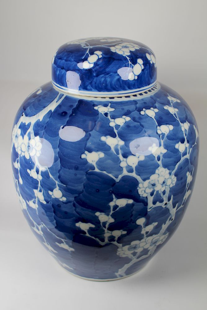 Appraisal: Chinese Blue White 'Prunus' Ginger Jar Cover Chinese Blue White