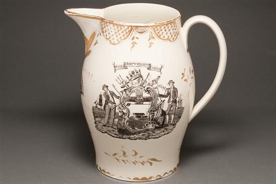 Appraisal: Liverpool black transfer decorated parcel-gilt creamware pitcher first quarter- th