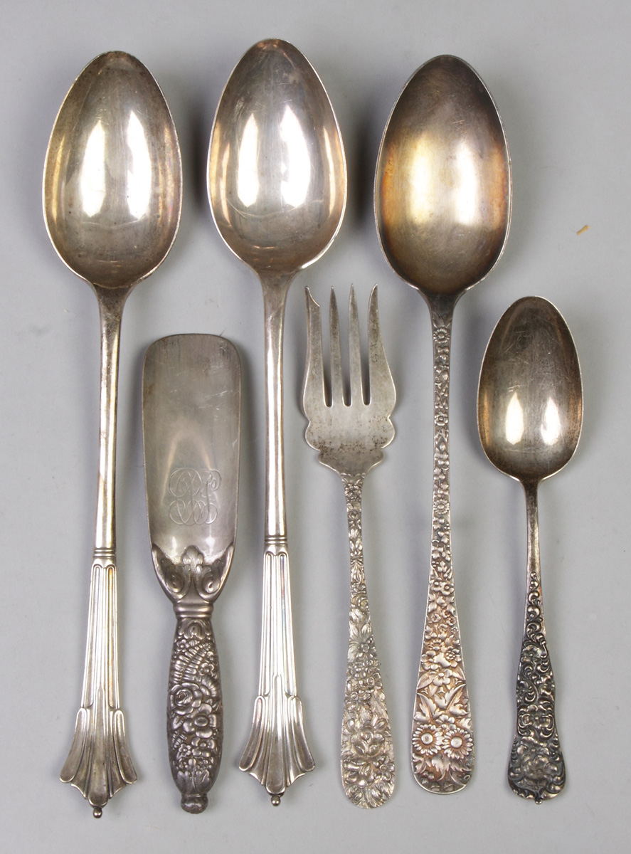 Appraisal: Six Sterling Silver Serving Pieces Pair English spoons hallmark WA