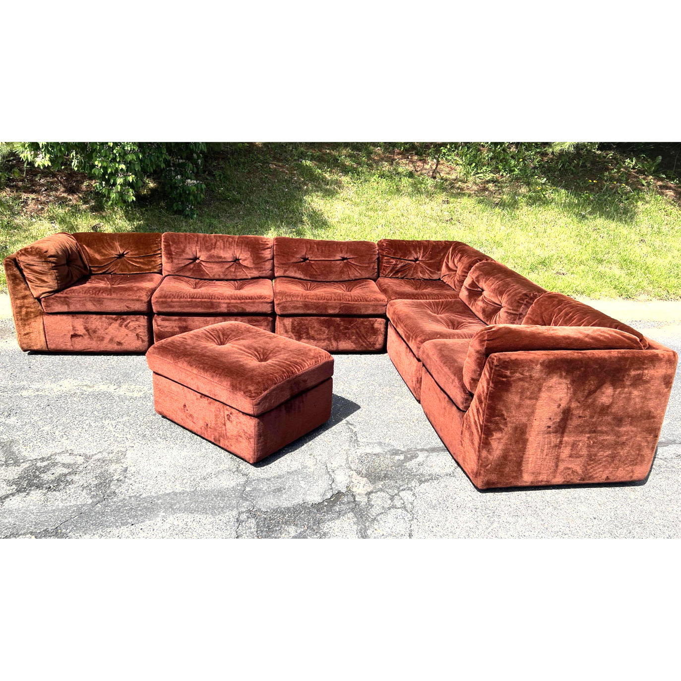 Appraisal: pc Plush Brown sectional plus ottoman each unit h x