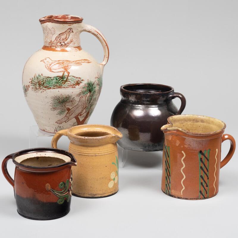 Appraisal: Group of Five Earthenware Vessels Unmarked The largest in high