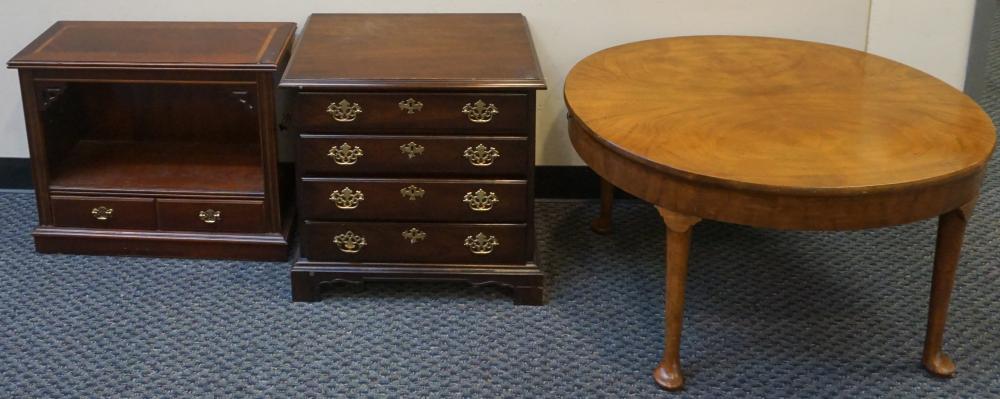 Appraisal: DREXEL MAHOGANY NIGHT STAND BURLWOOD COFFEE TABLE AND INLAID MAHOGANY