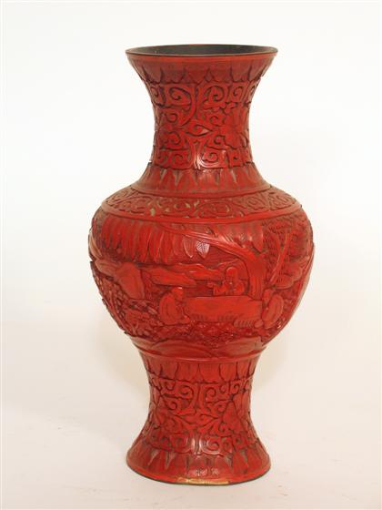 Appraisal: Chinese cinnabar lacquer vase late th century Of typical baluster