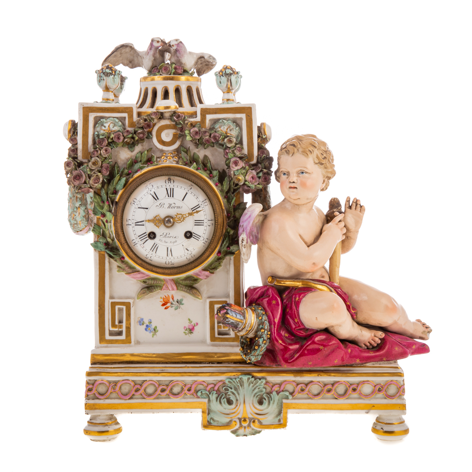 Appraisal: MEISSEN PORCELAIN CLOCK th century mantel clock with putto leaning