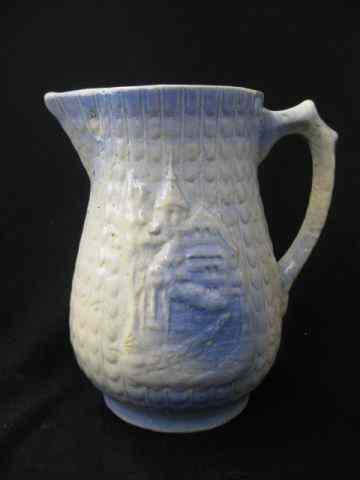 Appraisal: Blue White Stoneware Pitcher landscape with church ''