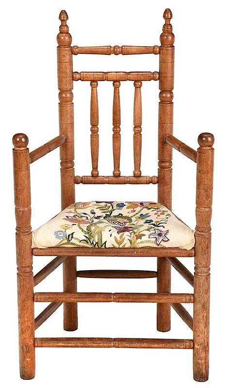 Appraisal: Brewster Style Arm Chair with Crewel Work Seat probably late