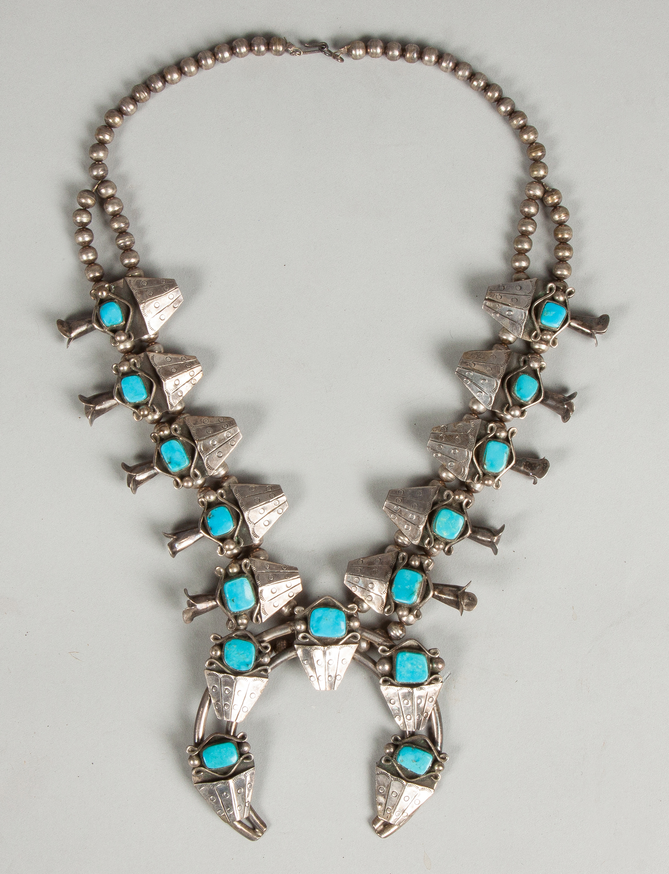 Appraisal: Vintage Navajo Silver Turquoise Squash Blossom Necklace ozt including stones