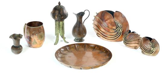 Appraisal: EIGHT PIECES OF METALWARE Twentieth century Hammered copper vase and