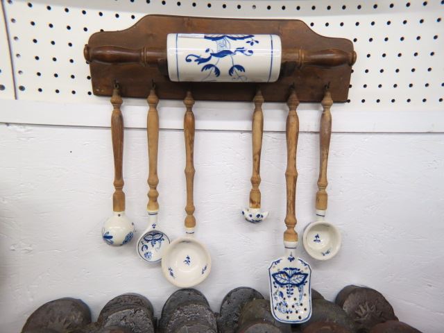 Appraisal: Blue Onion Porcelain and Wood Kitchen Utensil Set with rolling