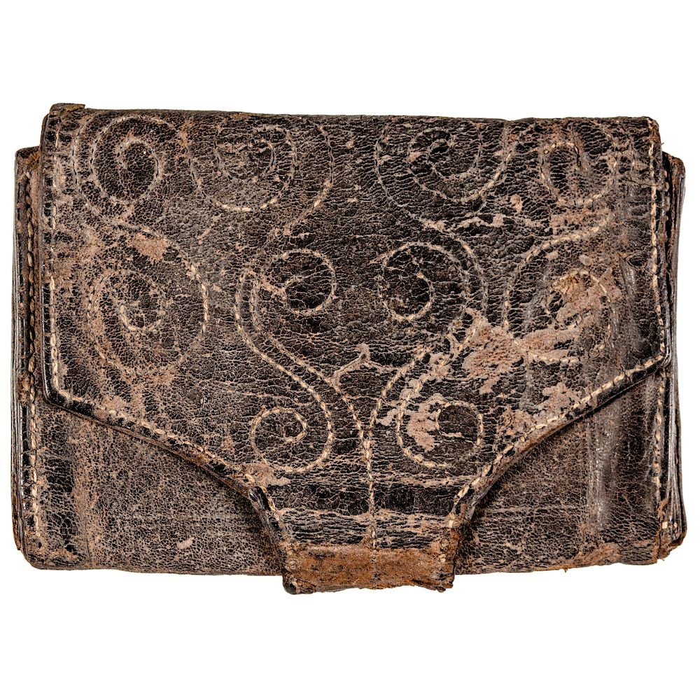 Appraisal: th Century Handcrafted Folk Art Decorated Leather Colonial Currency Wallet