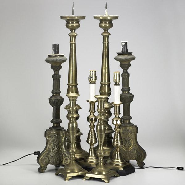 Appraisal: BRASS CANDLESTICKS Four pairs one in pricket style one electrified