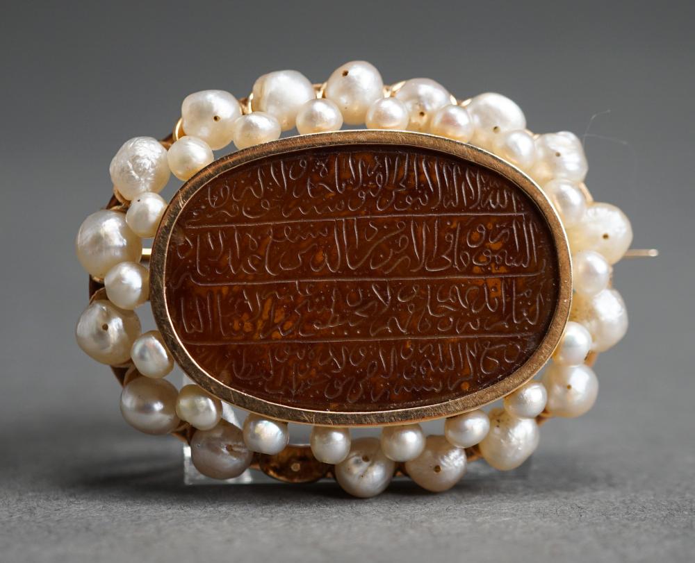 Appraisal: Victorian Tested -Karat Yellow-Gold Arabic Inscribed Carnelian and Pearl Brooch