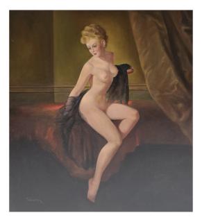 Appraisal: T Winston Pin Oil on canvas depicting a nude pin-up