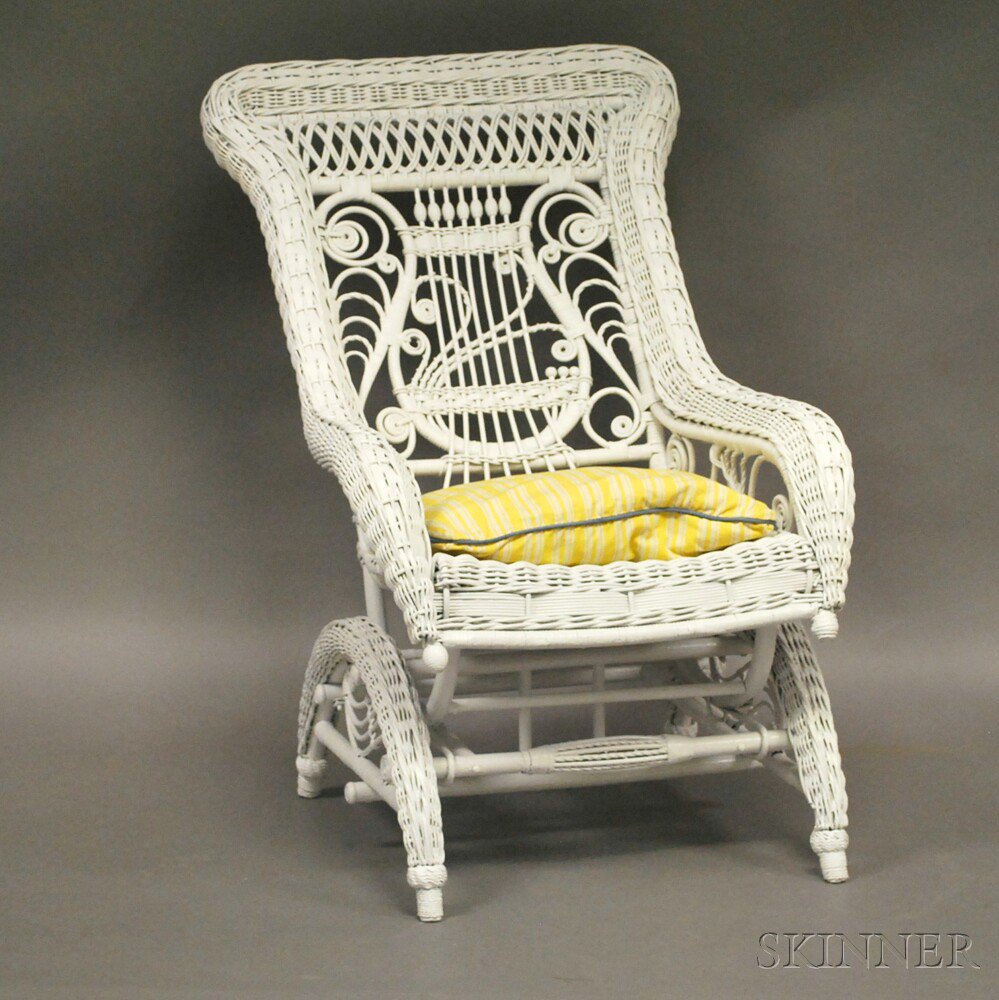 Appraisal: Late Victorian Fancy Woven White-painted Wicker Platform Armrocker Estimate -