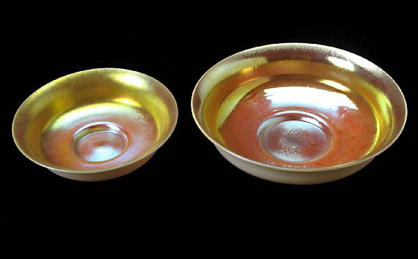 Appraisal: Two Steuben gold Aurene on Calcite glass low bowls early